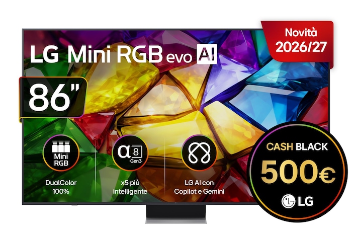 Vista frontale LG 86MRGB87B6B, TV 86 pollici LG Mini RGB MRGB87 con cashback