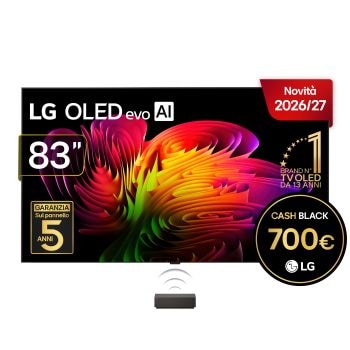 Vista frontale di Wallpaper TV 83 pollici LG OLED evo AI W6 True Wireless 4K Smart TV 2026 OLED83W69LA