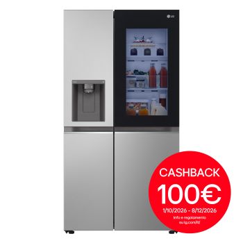 Vista frontale di Frigorifero Side-by-Side InstaView | Classe D, 635L | Wi-Fi, Dispenser con allaccio, Fresh Balancer, No frost | Argento GSGV80PYLD
