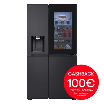 Vista frontale di Frigorifero Side-by-Side InstaView Door-in-Door | Classe D, 628L | Wi-Fi, Dispenser con UVnano, No frost | Black Steel GSXE91EVAD