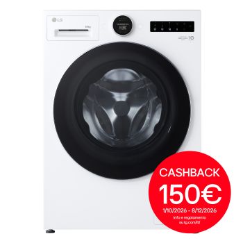 Vista frontale di Lavasciuga con Pompa di calore DUAL Inverter 9/6kg | Serie X9 | Classe A / A-10% | AI & WIFI | 1600 giri, Condensatore autopulente, Vapore, TurboWash 39' | Bianca WHX9096TLC