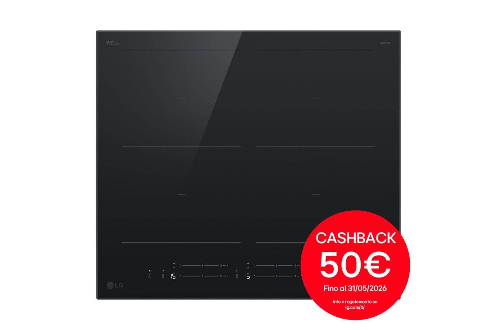 Vista frontale di Piano cottura induzione 60cm | Potenza 2,5 ~ 7,4kW | 4 zone, 2 flex, Controlli slide indipendenti, Wi-Fi | Nero Schott CBIZ2437B