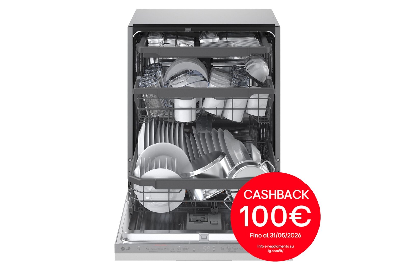 Vista frontale di Lavastoviglie a scomparsa totale | QuadWash Serie 3, Classe A 44dB | 14 coperti,Vapore, Info Light,Cerniere sliding | Acciaio DB375TXSW