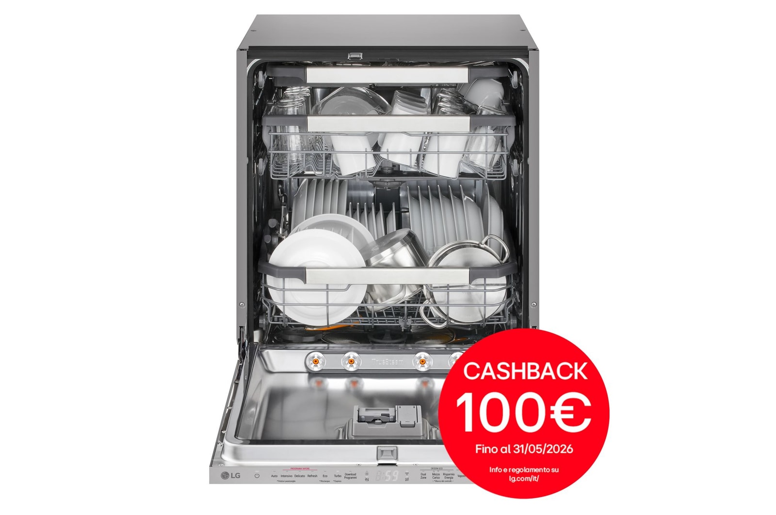 Vista frontale di Lavastoviglie a scomparsa totale | QuadWash Serie 4, Classe A 43dB | 14 coperti,Vapore, Info Light,Cerniere sliding | Noble Steel DB476TXSN