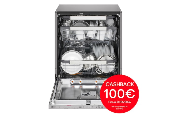 Vista frontale con porta aperta e stoviglie con bollo cashback