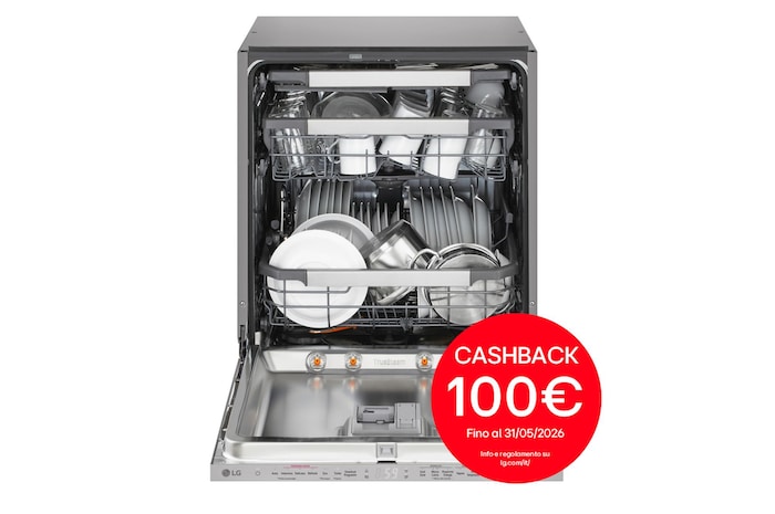Vista frontale con porta aperta e stoviglie DB597TXSN con cashback
