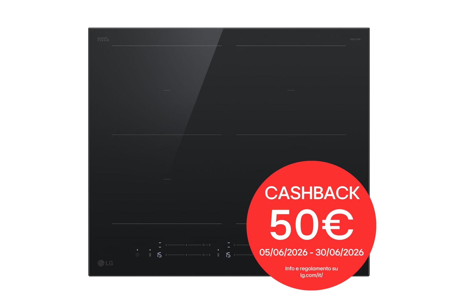 Vista frontale di Piano cottura induzione 60cm | Potenza 2,5 ~ 7,4kW | 4 zone, 2 flex, Controlli slide indipendenti, Wi-Fi | Nero Schott CBIZ2437B