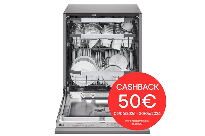 Foto frontale della lavastoviglie LG DB597TXS, con bollo cashback 50€