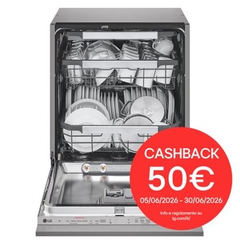 Foto frontale della lavastoviglie LG DB597TXS, con bollo cashback 50€