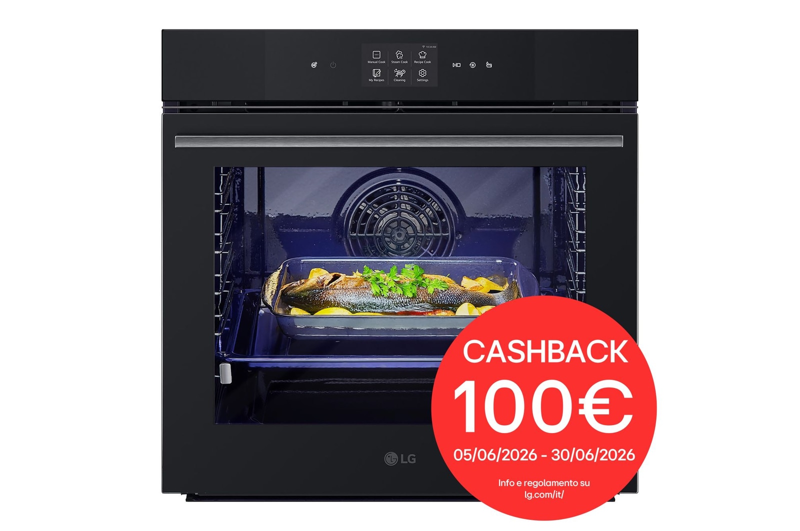 Vista frontale di Forno 100% vapore InstaView | 76L Classe A++ | Blue EasyClean, Air Fry, Steam Sous Vide, Pizza, Wi-Fi, Display touch | Nero WSED7667M