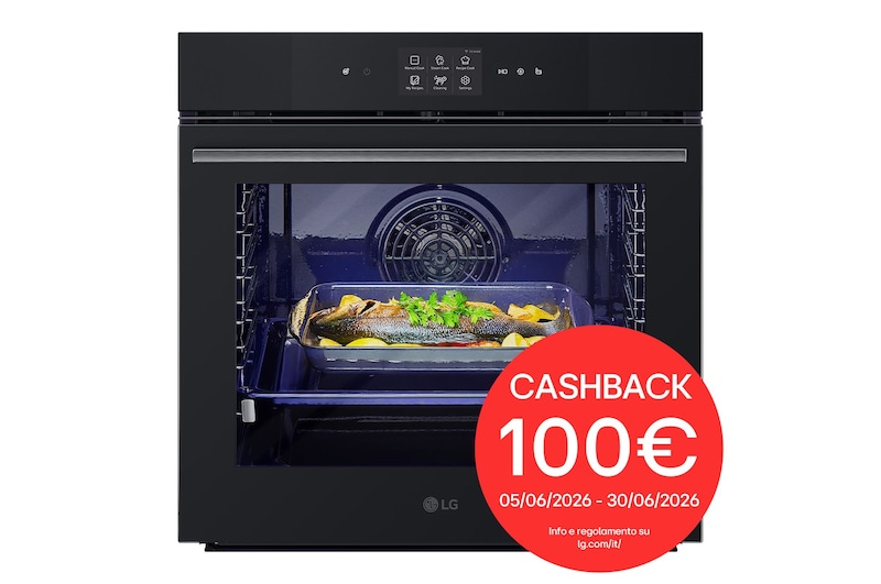 Vista frontale di Forno 100% vapore InstaView | 76L Classe A++ | Blue EasyClean, Air Fry, Steam Sous Vide, Pizza, Wi-Fi, Display touch | Nero WSED7667M