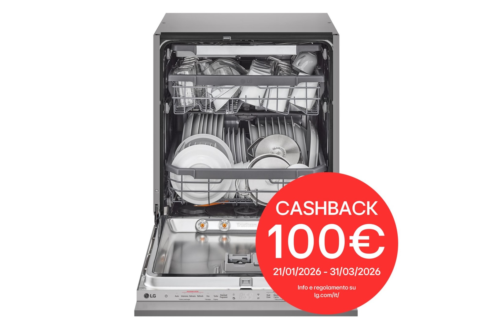 Foto frontale della lavastoviglie LG DB365TXS con bollo cashback 100€