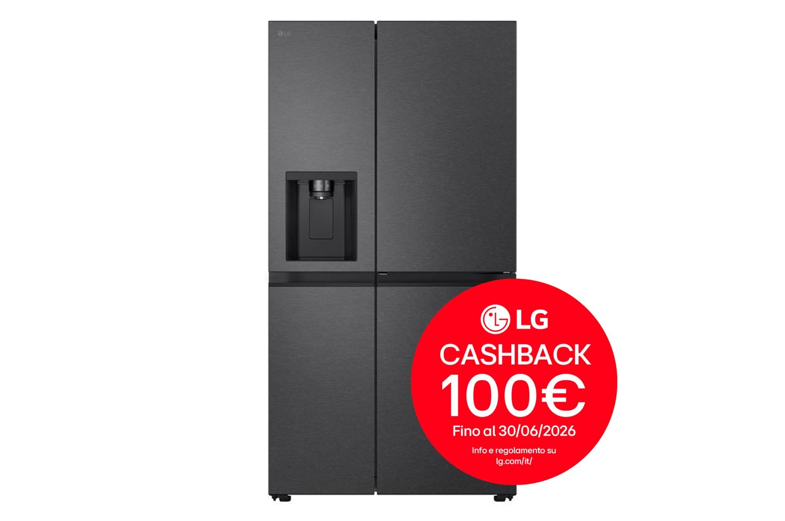 Vista frontale di Frigorifero Side-by-Side Door-in-Door | Classe E, 638L | Dispenser di acqua e ghiaccio con allaccio | No frost | Matte black GSJC40EPPE
