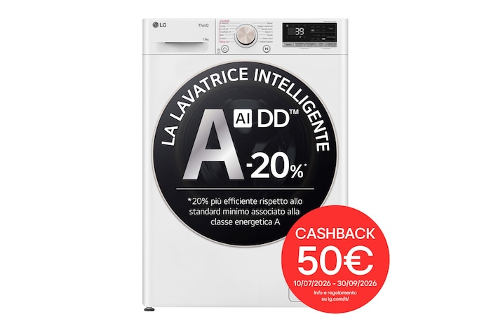 Foto frontale della lavatrice LG F4R7013TSWG con bollo cashback 50€