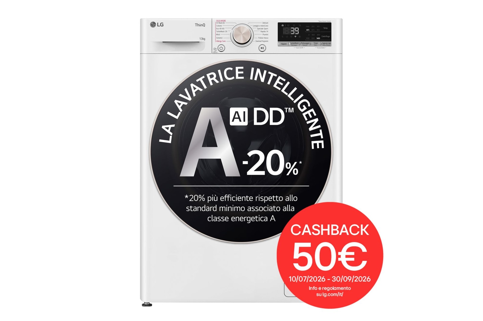 Vista frontale di Lavatrice 13kg AI DD™ | Serie R7 Classe A-20% | 1400 giri, TurboWash 360, Vapore su 7 programmi, Wi-Fi | White F4R7013TSWG
