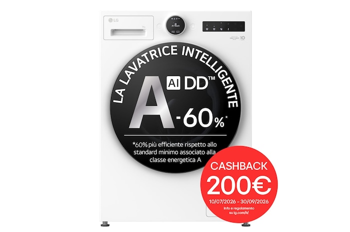 Immagine frontale della lavatrice LG F4X9009TWCE serie X9 classe A-60% con cashback