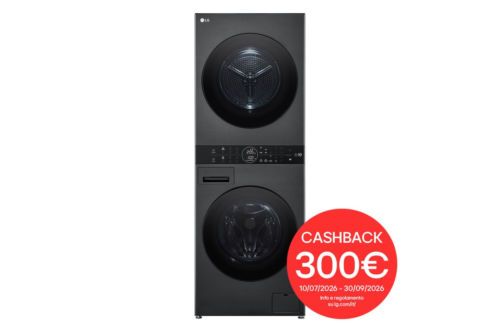 Vista frontale di WashTower Colonna Bucato 12/10kg AI DD | Classe A-10% / C | Pannello unificato, TurboWash360,Pompa di calore | Nera WT1210BBF