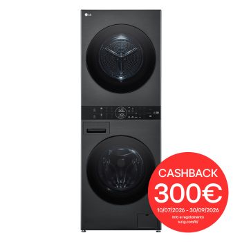 Vista frontale di WashTower Colonna Bucato 12/10kg AI DD | Classe A-10% / C | Pannello unificato, TurboWash360,Pompa di calore | Nera WT1210BBF