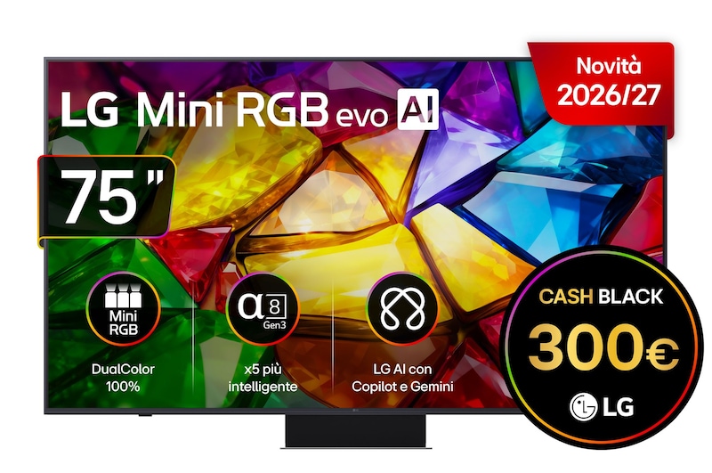 Vista frontale di TV 75 pollici LG Mini RGB MRGB87 4K Smart TV 2026 75MRGB87B6B