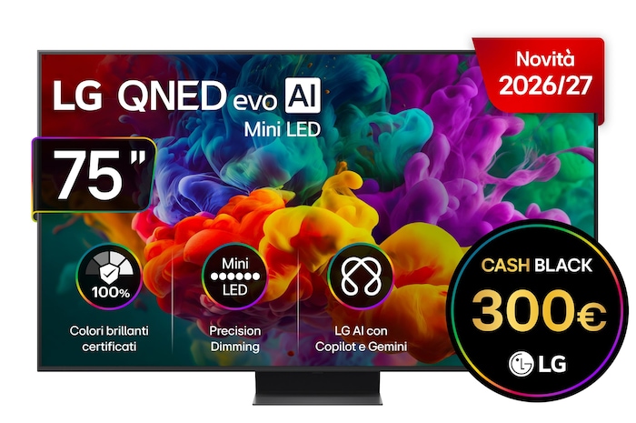 Vista frontale del TV LG QNED evo Mini LED 75QNED87B6A da 75 pollici con cashback