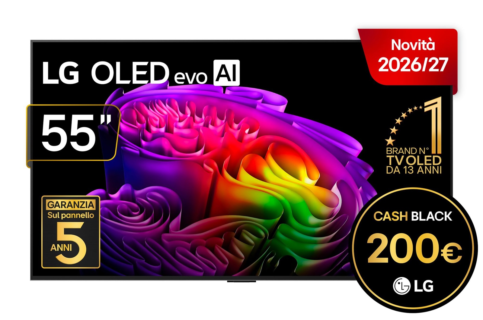 Vista frontale di TV 55 pollici LG OLED evo AI G6 4K Smart TV 2026 OLED55G64LW