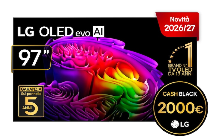 L’LG OLED evo AI G6 è montata a parete in un salotto moderno, mostrando un’aurora vivida su un tranquillo villaggio costiero, simile a un’immagine incorniciata sulla parete.