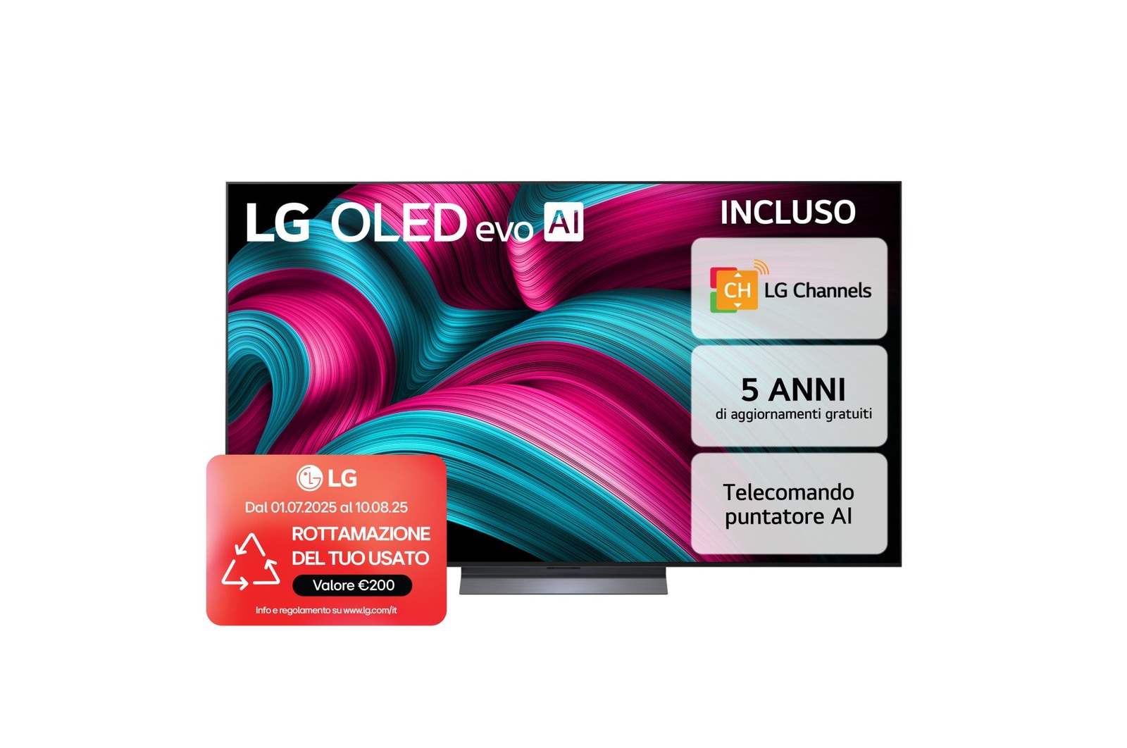 Vista frontale di una TV 65 pollici LG OLED evo AI C5 4K Smart TV 2025 OLED65C55LA