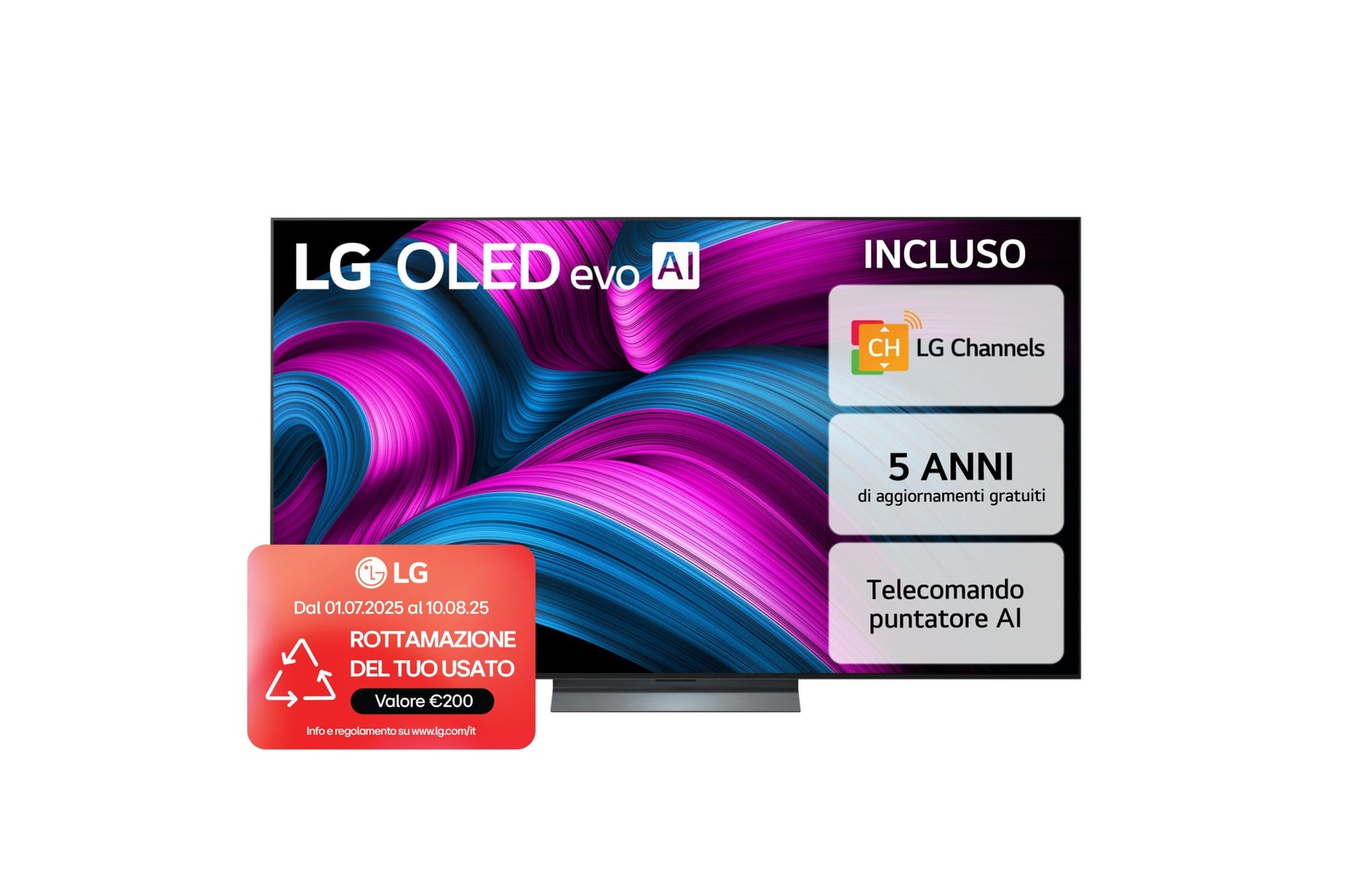 Vista frontale di una TV 65 pollici LG OLED evo AI C5 4K Smart TV 2025 OLED65C55LA