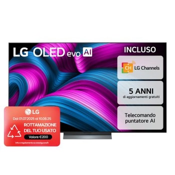 Vista frontale di una TV 77 pollici LG OLED evo AI C5 4K Smart TV 2025 OLED77C5ELB