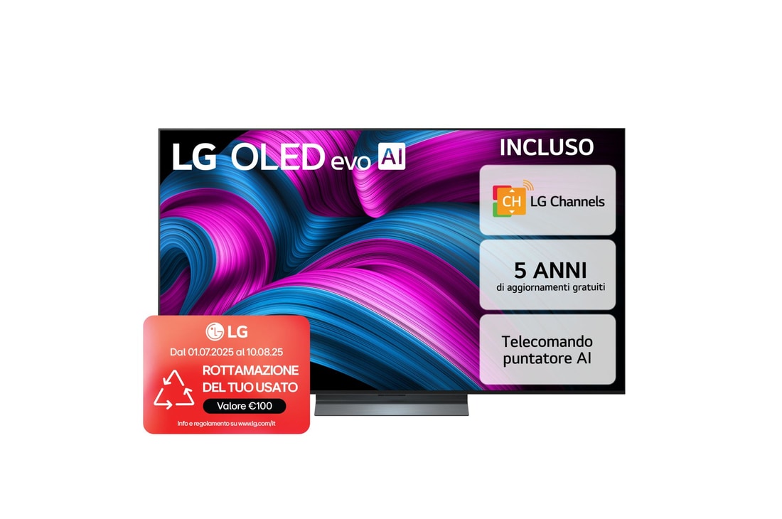 Vista frontale di una TV 65 pollici LG OLED evo AI C5 4K Smart TV 2025 OLED65C55LA