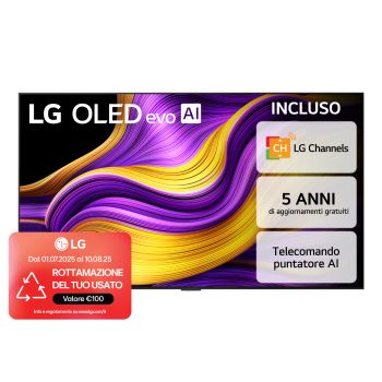 Vista frontale di una Smart TV LG OLED evo AI G5 4K Sullo schermo sono raffigurati i 12 anni di emblema OLED evo numero 1 al mondo e il logo LG OLED evo AI 2025.