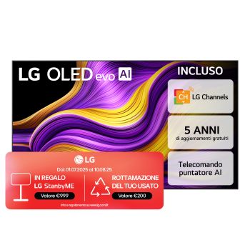 Vista frontale di una Smart TV LG OLED evo AI G5 4K Sullo schermo sono raffigurati i 12 anni di emblema OLED evo numero 1 al mondo e il logo LG OLED evo AI 2025.