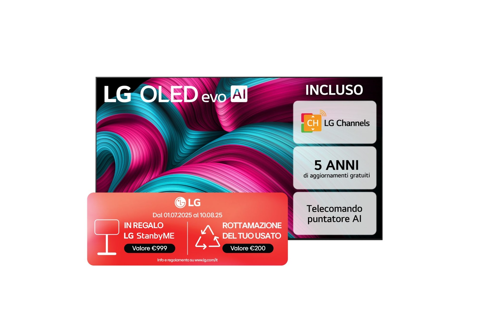 Vista frontale di una TV 65 pollici LG OLED evo AI C5 4K Smart TV 2025 OLED65C55LA