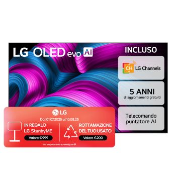 Vista frontale di una TV 65 pollici LG OLED evo AI C5 4K Smart TV 2025 OLED65C55LA