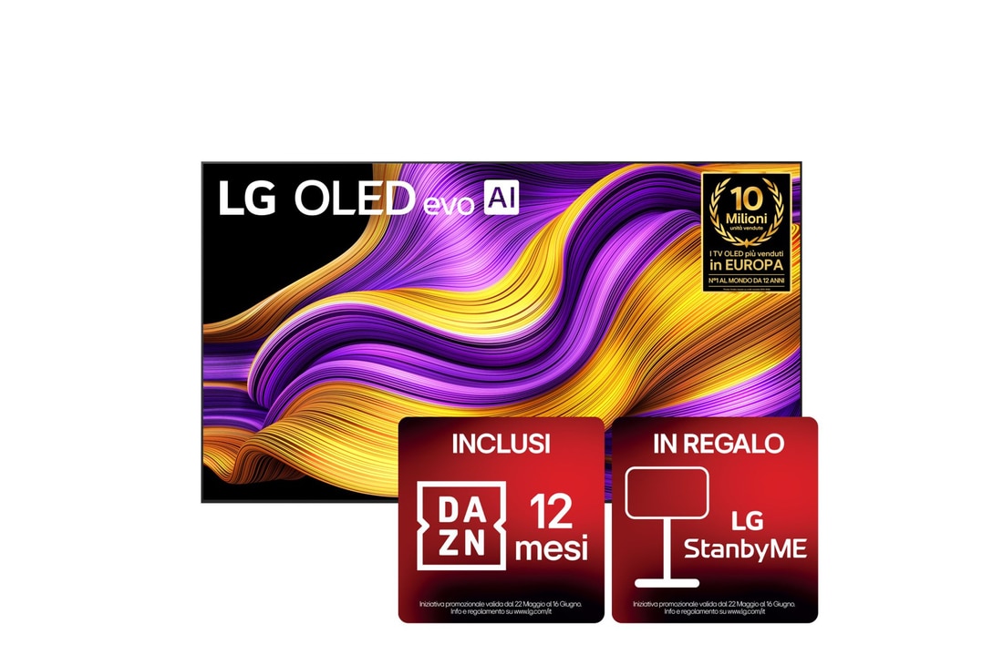 Vista frontale di una Smart TV LG OLED evo AI G5 4K Sullo schermo sono raffigurati i 12 anni di emblema OLED evo numero 1 al mondo e il logo LG OLED evo AI 2025.