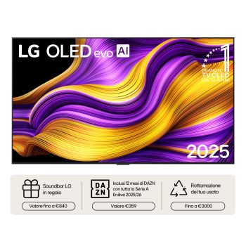 Vista frontale di una Smart TV LG OLED evo AI G5 4K Sullo schermo sono raffigurati i 12 anni di emblema OLED evo numero 1 al mondo e il logo LG OLED evo AI 2025.