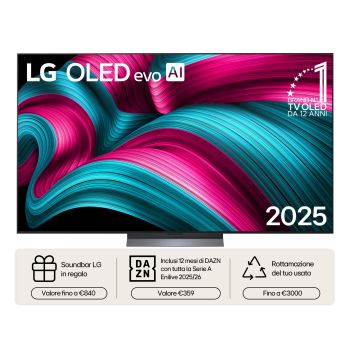 Vista frontale di una TV 65 pollici LG OLED evo AI C5 4K Smart TV 2025 OLED65C55LA