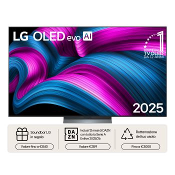 Vista frontale di una TV 65 pollici LG OLED evo AI C5 4K Smart TV 2025 OLED65C55LA