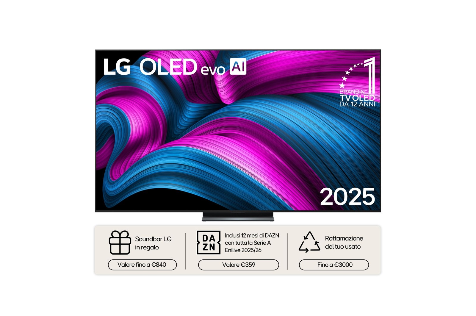 Vista frontale di una TV 65 pollici LG OLED evo AI C5 4K Smart TV 2025 OLED65C55LA