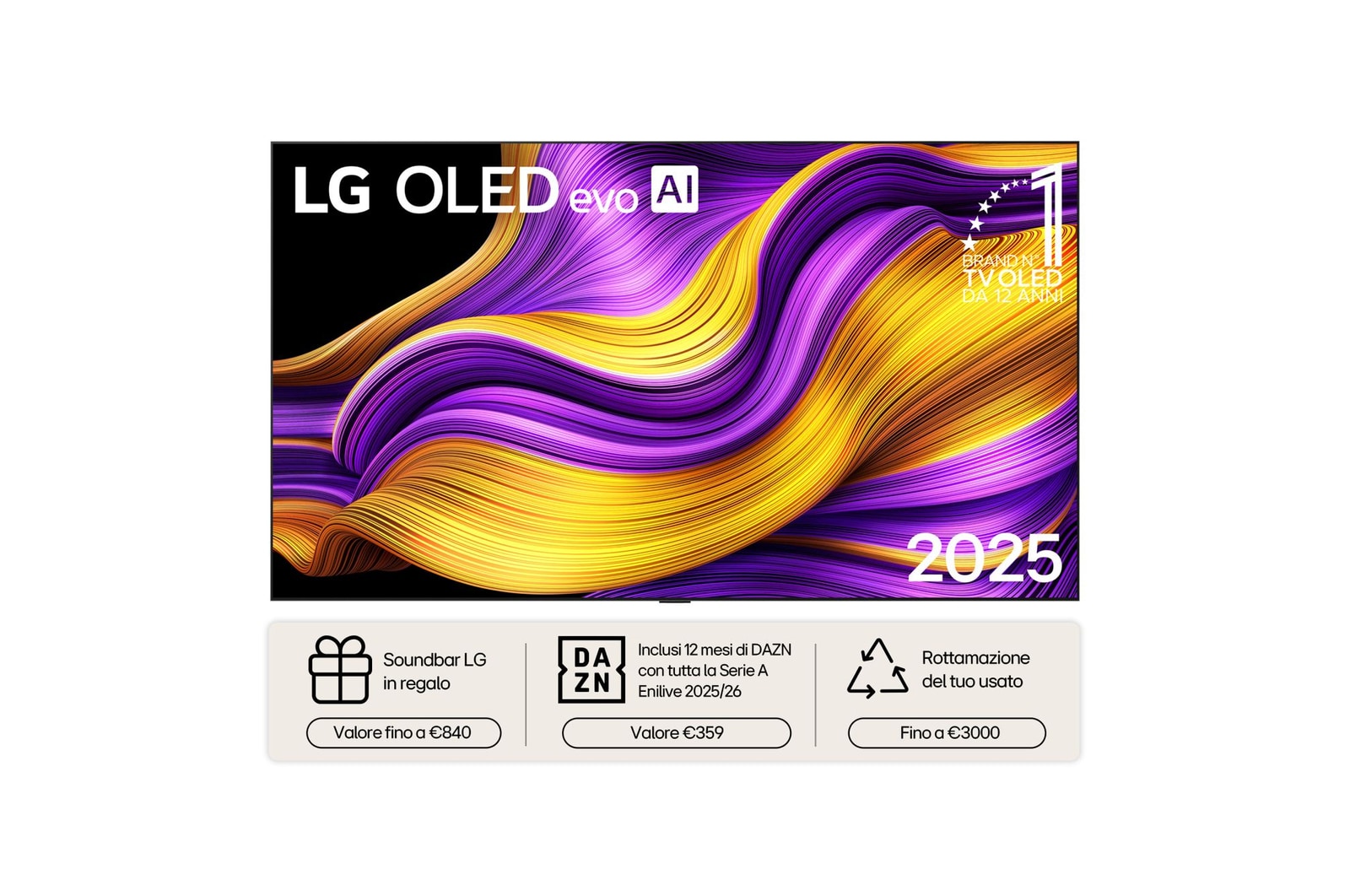 Vista frontale di una Smart TV LG OLED evo AI G5 4K Sullo schermo sono raffigurati i 12 anni di emblema OLED evo numero 1 al mondo e il logo LG OLED evo AI 2025.