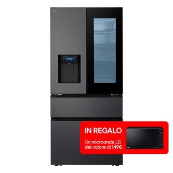 Vista frontale di Frigorifero French Door InstaView Fit&Max 80 cm | Classe E, 626L | Fresh Converter+, Wi-Fi, Total No frost | Dispenser con allaccio | Essence Matte Black GMGS50DEEP