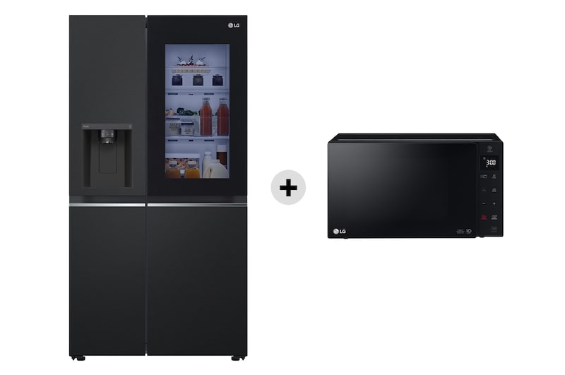 Vista frontale di Offerta Kit Esclusivo: Frigorifero Side-by-Side InstaView | Classe E, 635L | Nero opaco + Microonde 25 litri, potenza 1000W | Nero GSGV80EPLL.MHGDS