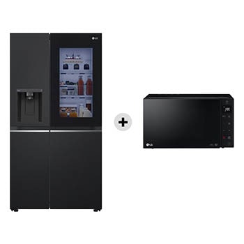 Vista frontale di Offerta Kit Esclusivo: Frigorifero Side-by-Side InstaView | Classe E, 635L | Nero opaco + Microonde 25 litri, potenza 1000W | Nero GSGV80EPLL.MHGDS