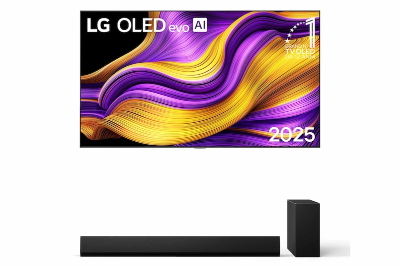 Vista frontale di Offerta Kit Esclusivo: TV 77 pollici LG OLED evo AI G5 4K + Soundbar SG10TY I 420W su 3.1 canali OLED77G54.SG10TY