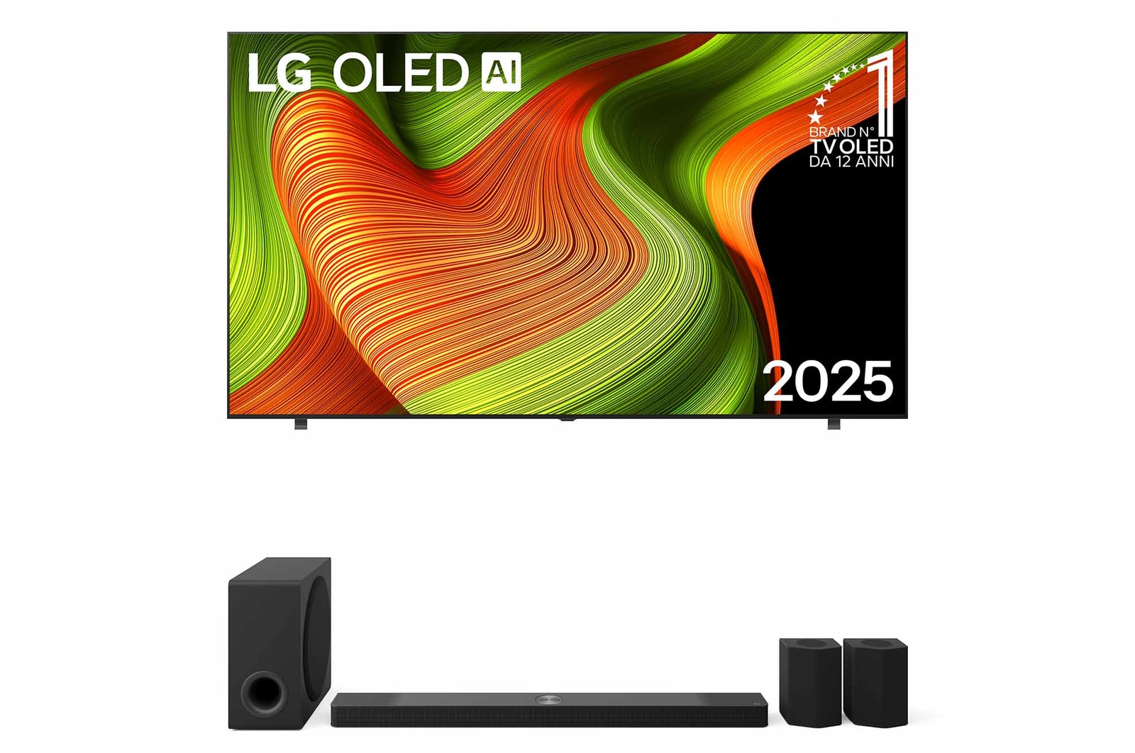 Vista frontale di Offerta Kit Esclusivo: TV 83 pollici LG OLED AI B5 4K + Soundbar Home Cinema LG S95TR OLED83B56.S95TR