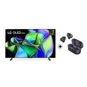Immagine del TV OLED evo serie C3 e degli auricolari TONE Free T90S