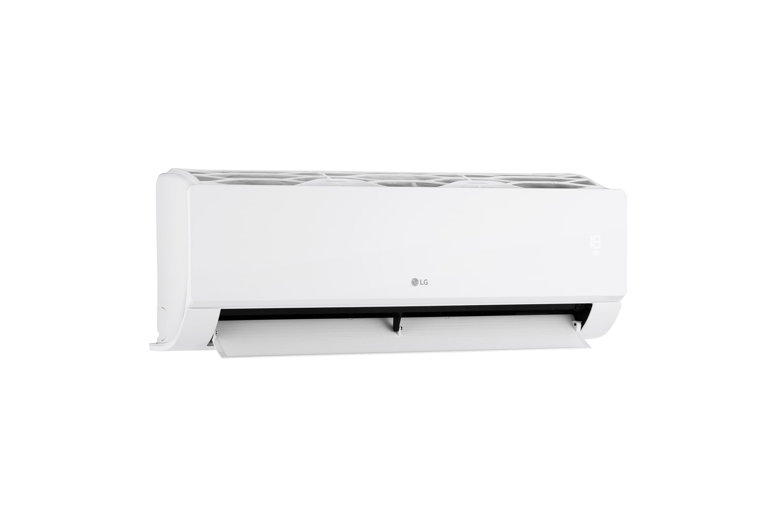 Vista laterale destra del climatizzatore monosplit LG DUALCOOL Libero Smart con aletta inferiore aperta.