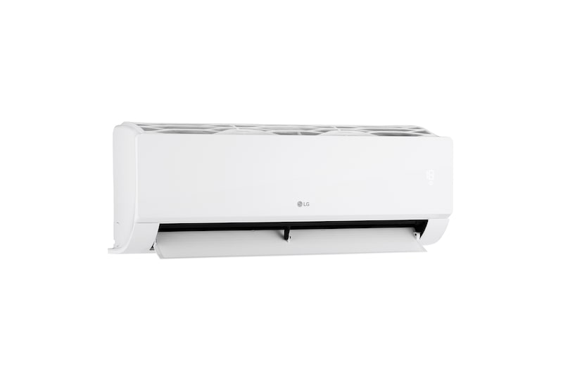 Vista laterale destra del climatizzatore monosplit LG DUALCOOL Libero Smart con aletta inferiore aperta.