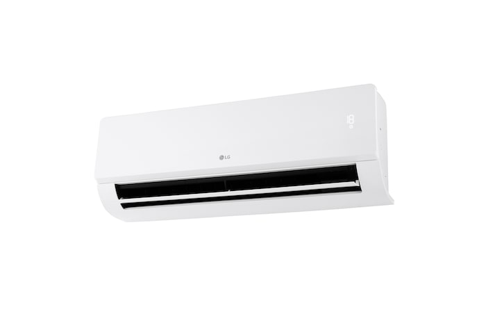Vista frontale a bassa angolazione da sinistra del climatizzatore monosplit LG DUALCOOL Libero Smart con aletta inferiore aperta.