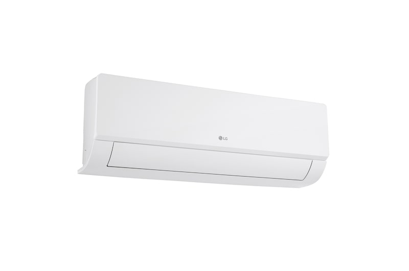 Vista frontale a bassa angolazione da destra del climatizzatore monosplit LG DUALCOOL Libero Smart.